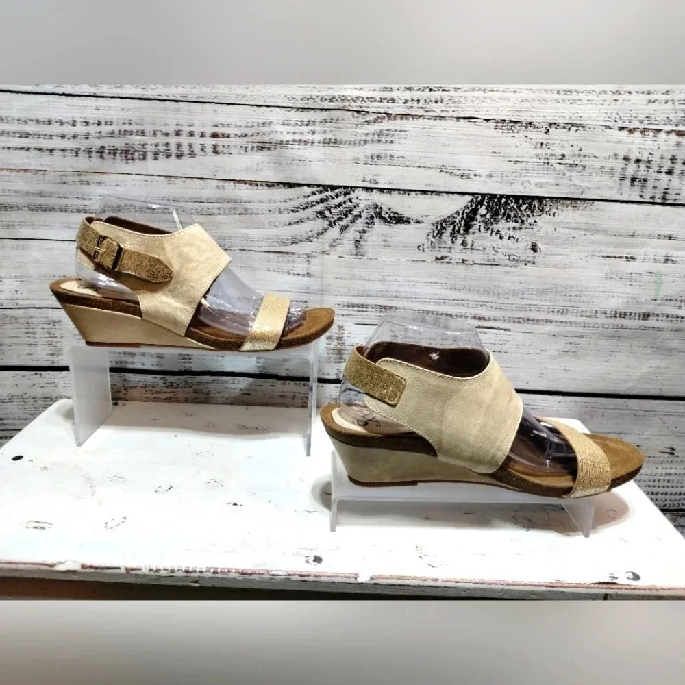 Sofft Gold and Beige Wedge Sandals